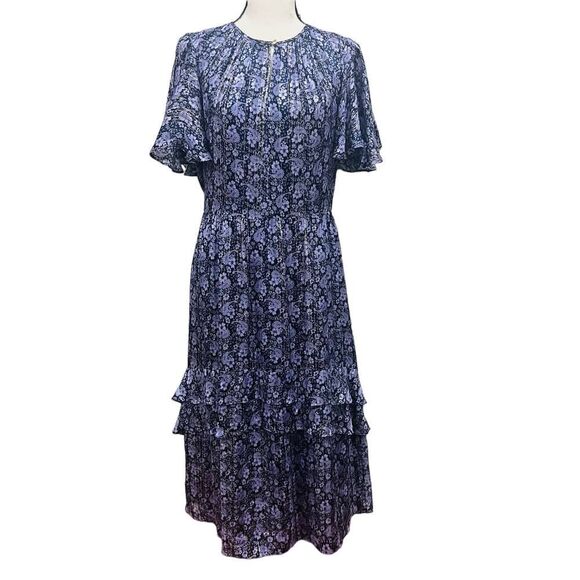 Shoshanna Short Sleeve Silk Willow Paisley Lurex Stripe Julisa Midi Dress size 8 - Picture 3 of 12